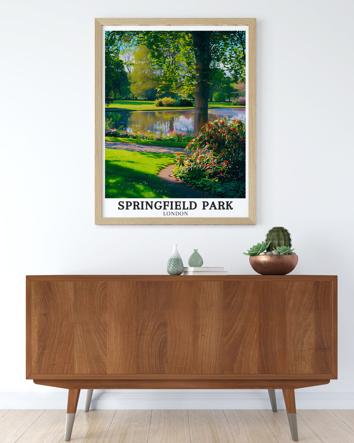 Springfield Park and The Pond Upper Clapton Print featuring peaceful greenery and iconic landmarks from East London a beautiful addition to vintage travel prints or as part of a bucket list prints collection showcasing must see destinations in the UK.