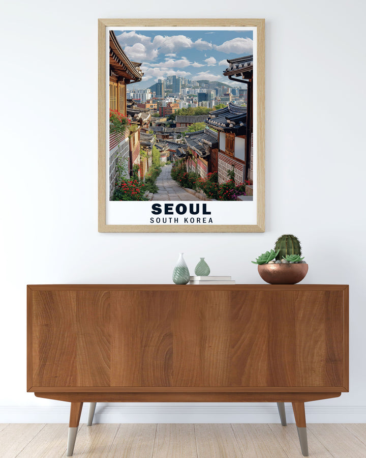 This Seoul Poster Print features the timeless beauty of Bukchon Hanok Village, offering a glimpse of South Koreas rich cultural heritage. With traditional wooden homes and a modern city backdrop, this travel print is a perfect wall décor piece for those who admire Seouls harmony between history and urban life.