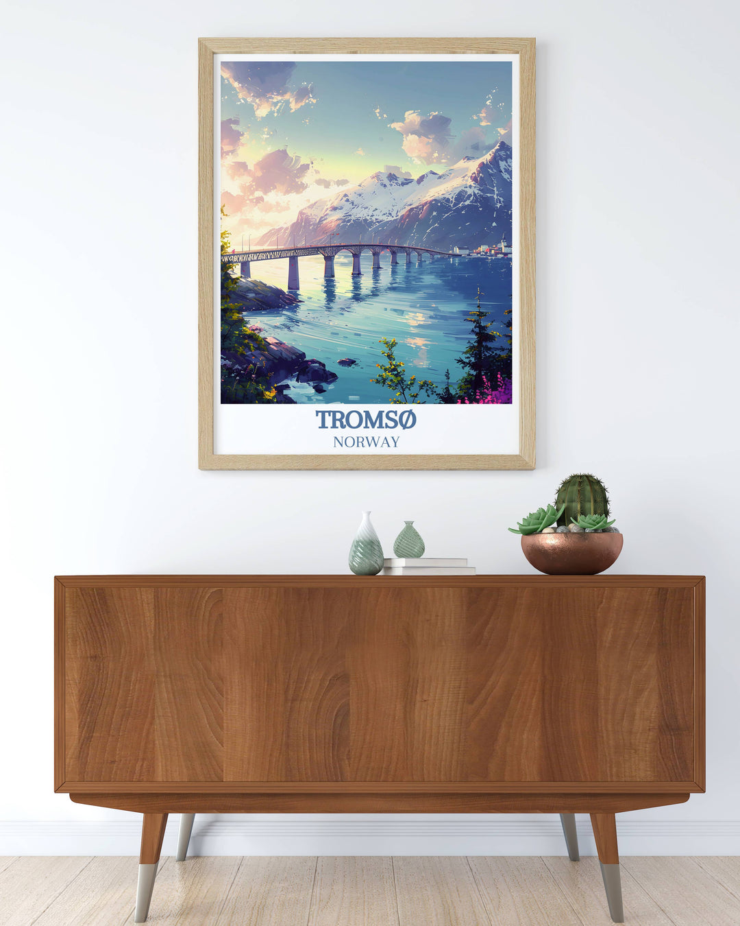 Poster showcasing the Northern Lights over Tromsø Bridge, with vibrant colors reflecting off the Arctic waters. A magical representation of one of the prime locations to witness the Aurora Borealis.