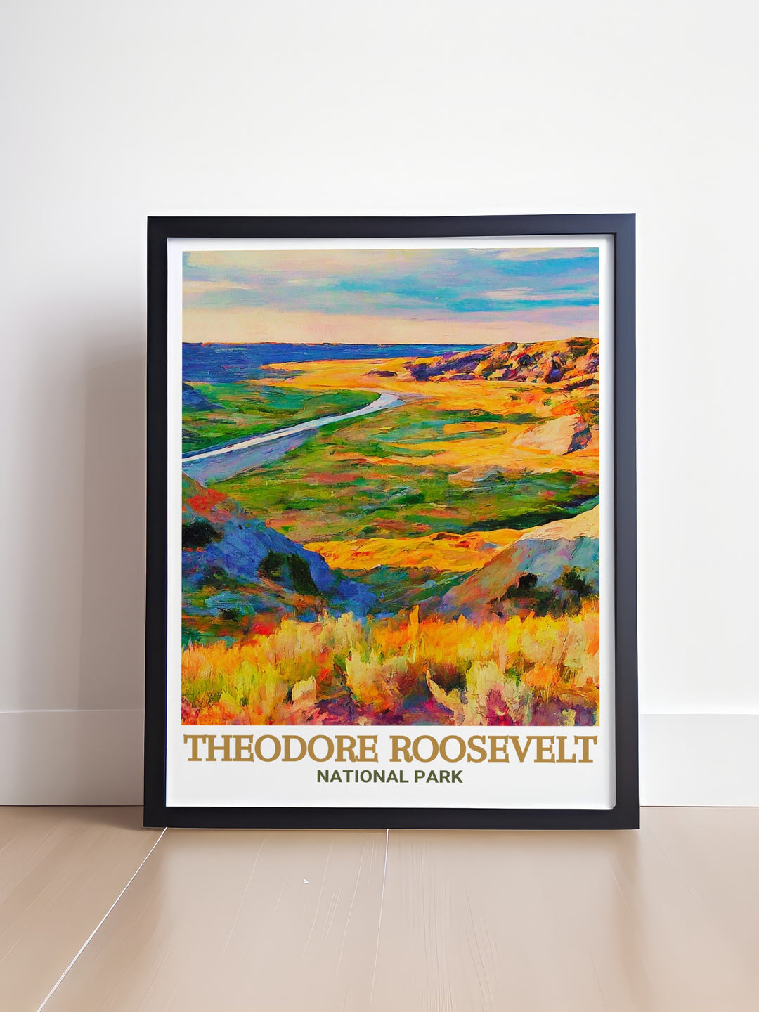 Theodore Roosevelt National Park poster featuring Wind Canyon Trail is a beautiful and serene piece of art perfect for those who appreciate the beauty of nature and want to incorporate it into their home with elegant National Park Decor.