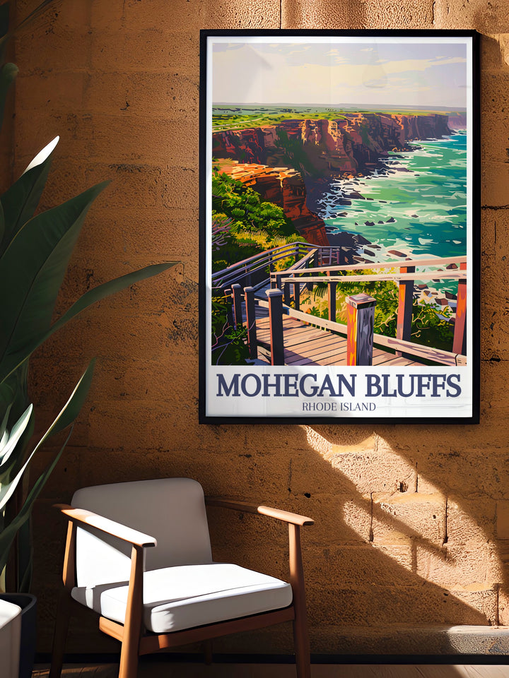 This vintage travel print of Mohegan Bluffs captures the beauty of the clay cliffs and the Mohegan Bluffs Pavilion. With its bold yet calming design, this poster is a stunning addition to any room, providing a timeless tribute to Rhode Islands scenic landscapes.