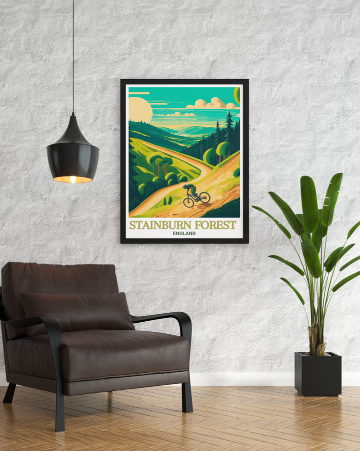 Stainburn Forest Mountain Bike Trails print showcases the exciting world of mountain biking in Yorkshire. Perfect for framing as modern decor in any home or office, this print captures the energy of the Stainburn MTB trails with stunning visuals and dynamic design.