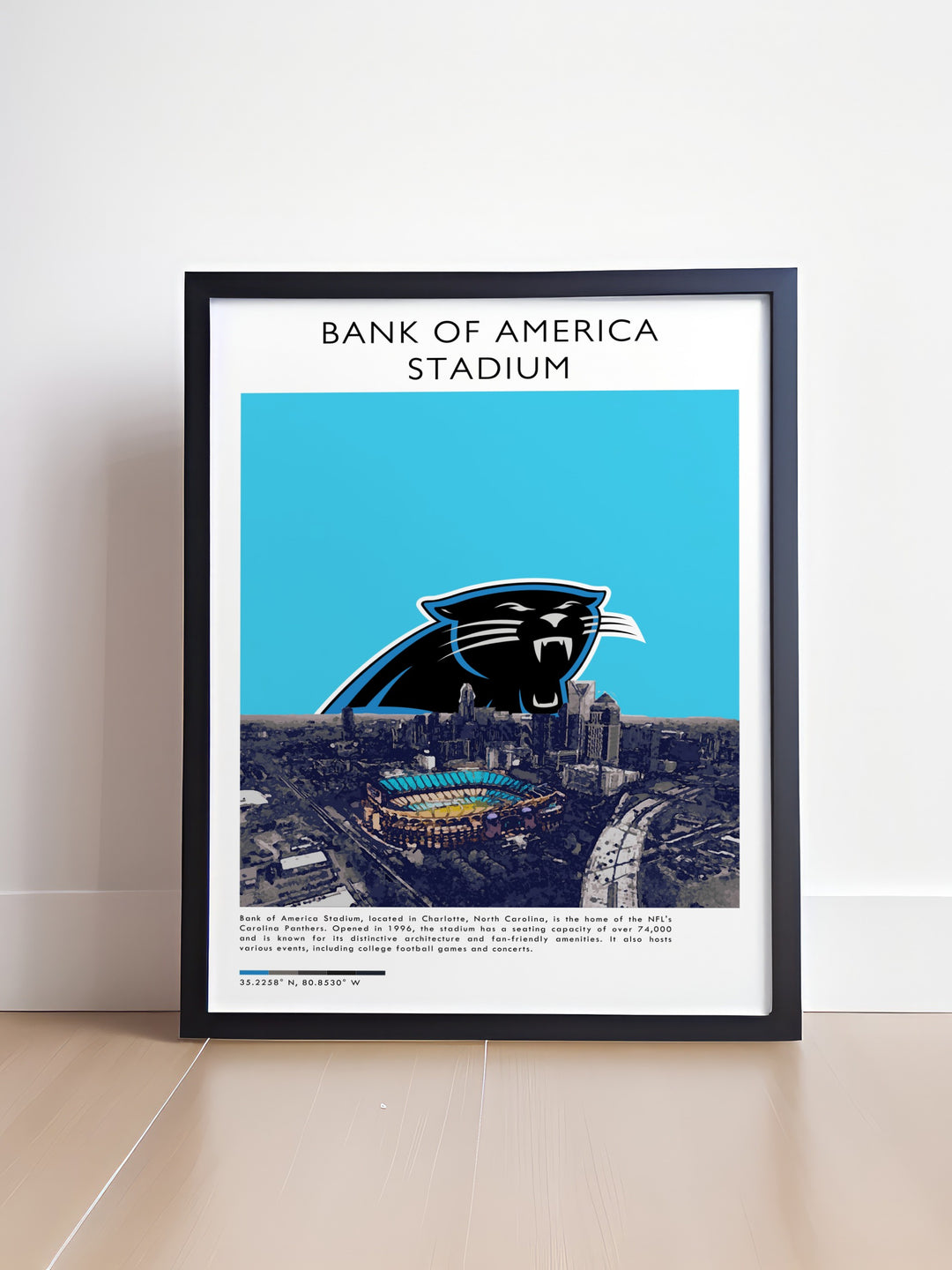 Stunning Carolina Panthers print showcasing the iconic stadium in a sleek mid century modern style perfect for football poster collections and gifts for him her whether it is for a boyfriend dad or husband.