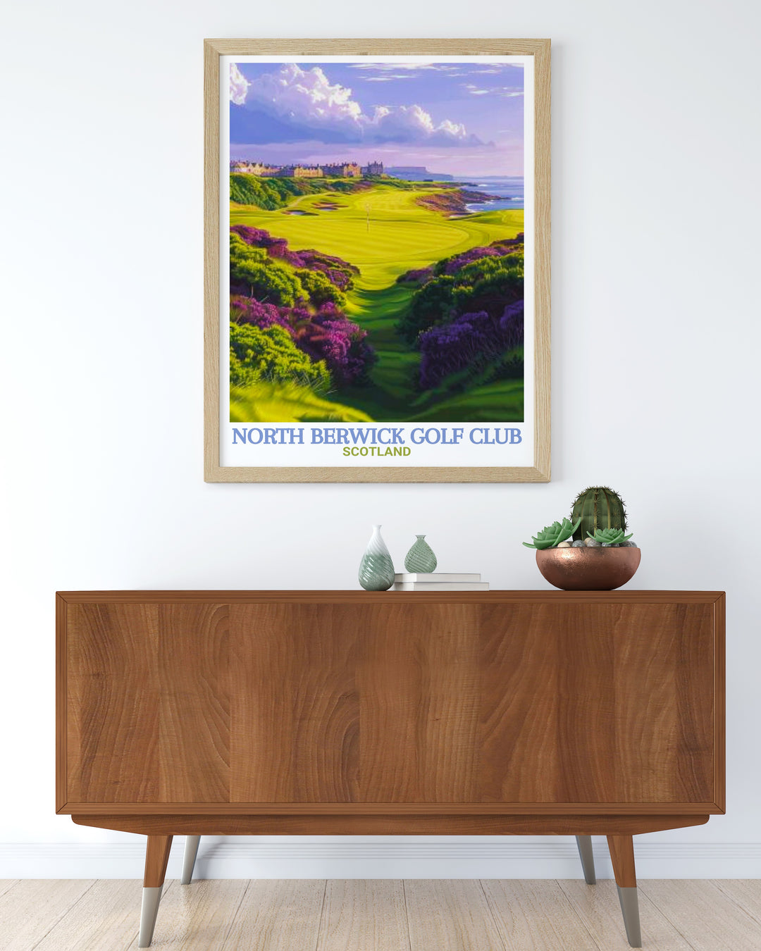 Scotland Wall Art depicting the stunning landscapes of North Berwick Golf Club, one of Scotlands most historic and beautiful golf courses. This detailed artwork showcases the combination of natural beauty and golfing tradition, a perfect gift for golf enthusiasts and Scotland lovers.