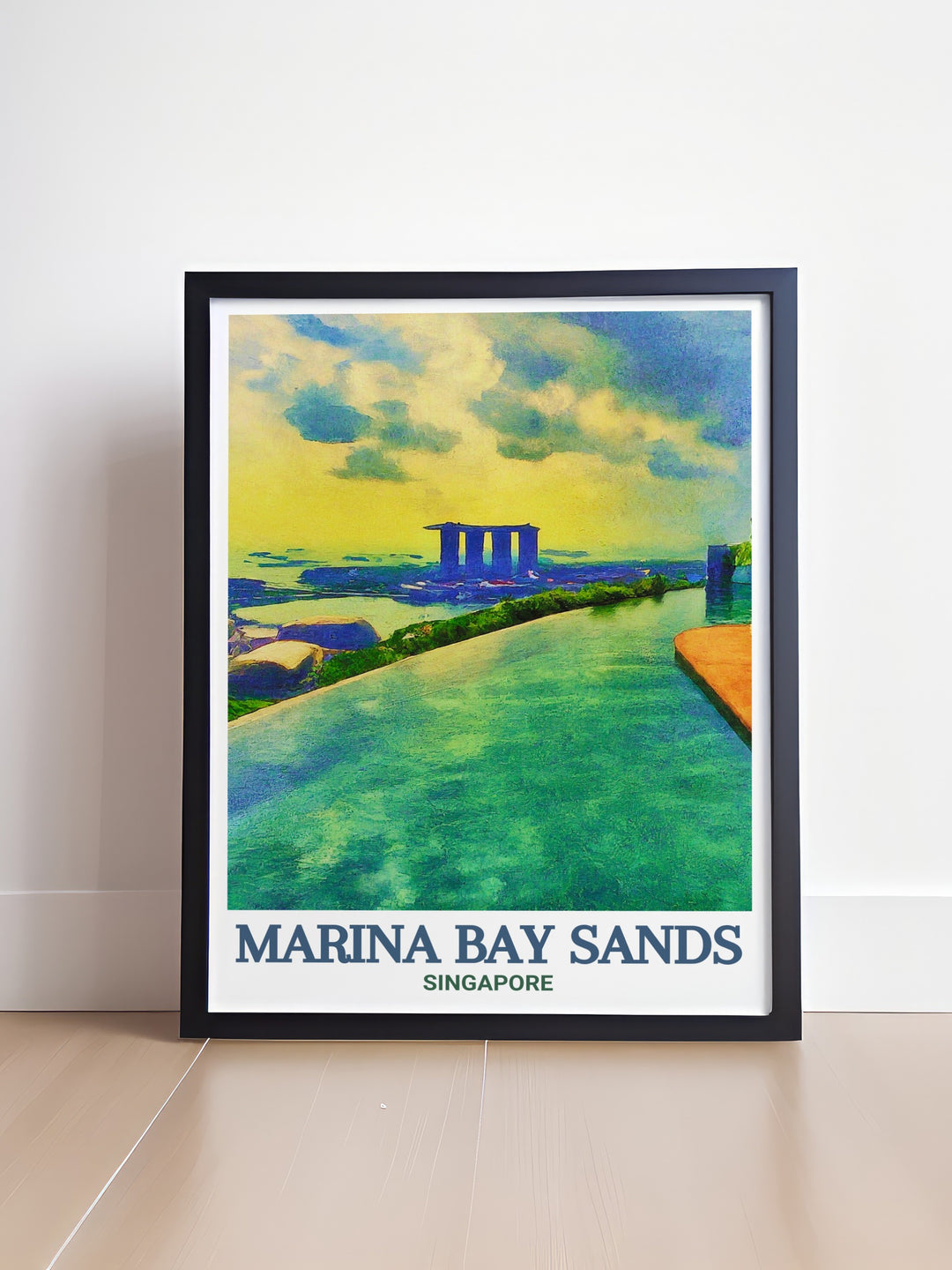 Singapore Wall Print focusing on the exquisite details of Marina Bay Sands and its Infinity Pool, emphasizing the harmony between nature and urban design. This print is a must have for anyone who loves cityscapes and innovative architecture.