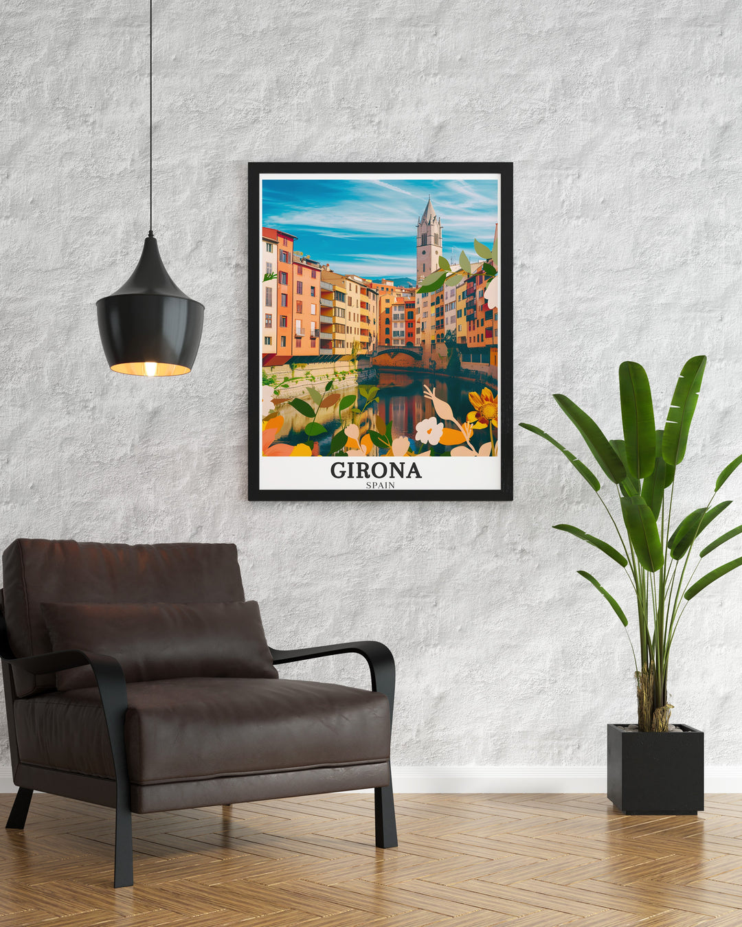 Stunning Girona artwork portraying the Basílica of San Feliu and the Onyar River. This Spain travel poster offers a glimpse into the rich history and architectural beauty of Girona, making it an ideal piece for those who appreciate Spanish art and culture