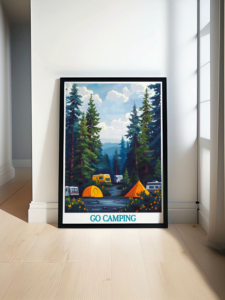 Travel art depicting a cozy camping spot in a dense forest, with a camper van and campfire, perfect for nature enthusiasts and those who cherish outdoor adventures.