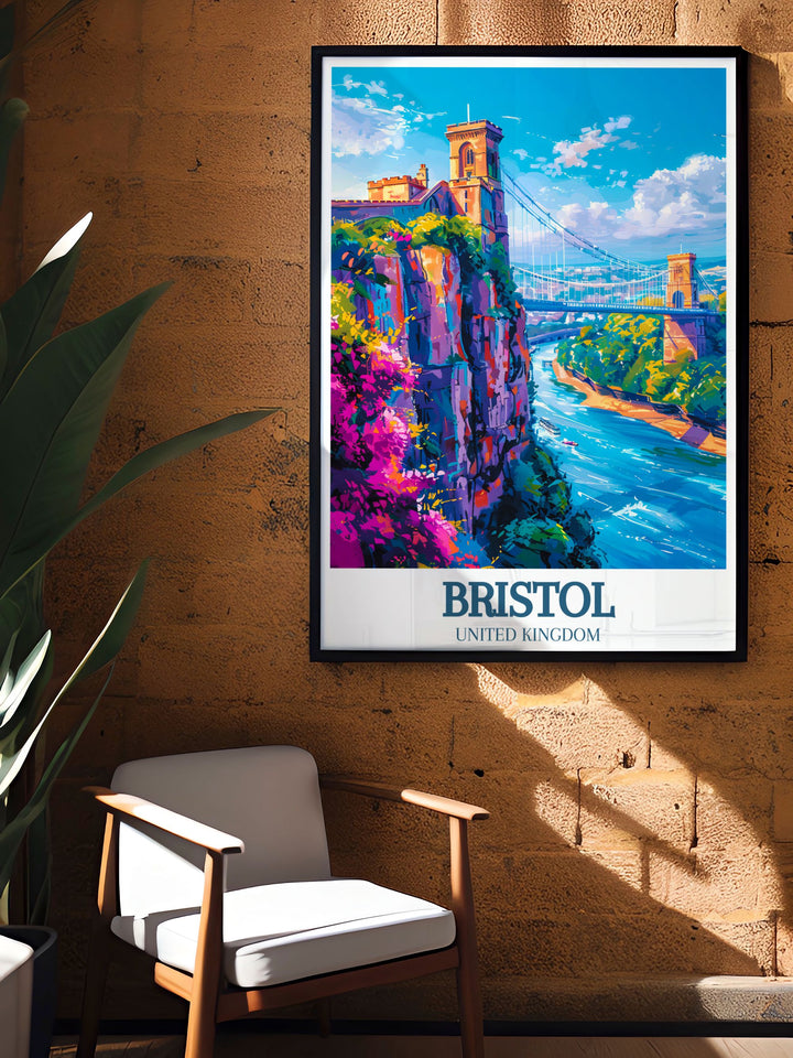 Nova Trail MTB art print from Ashton Court Bristol featuring the Clifton suspension bridge River Avon. This piece of cycling wall art is perfect for mountain biking enthusiasts and fans of Bristols iconic landmarks, adding excitement to any room.