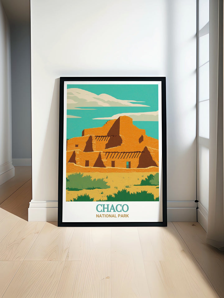 Travel print of Pueblo Bonito, Chaco National Park, Argentina, capturing the detailed architecture and the serene environment. This piece adds a sense of adventure and history to your home decor.