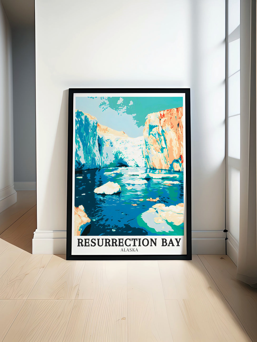 Celebrate Alaskas stunning scenery with this art print of Resurrection Bay and Bear Glacier. The artwork captures the icy splendor of Bear Glacier Lagoon, making it an ideal travel gift or decorative piece for those who cherish Alaskas natural wonders.