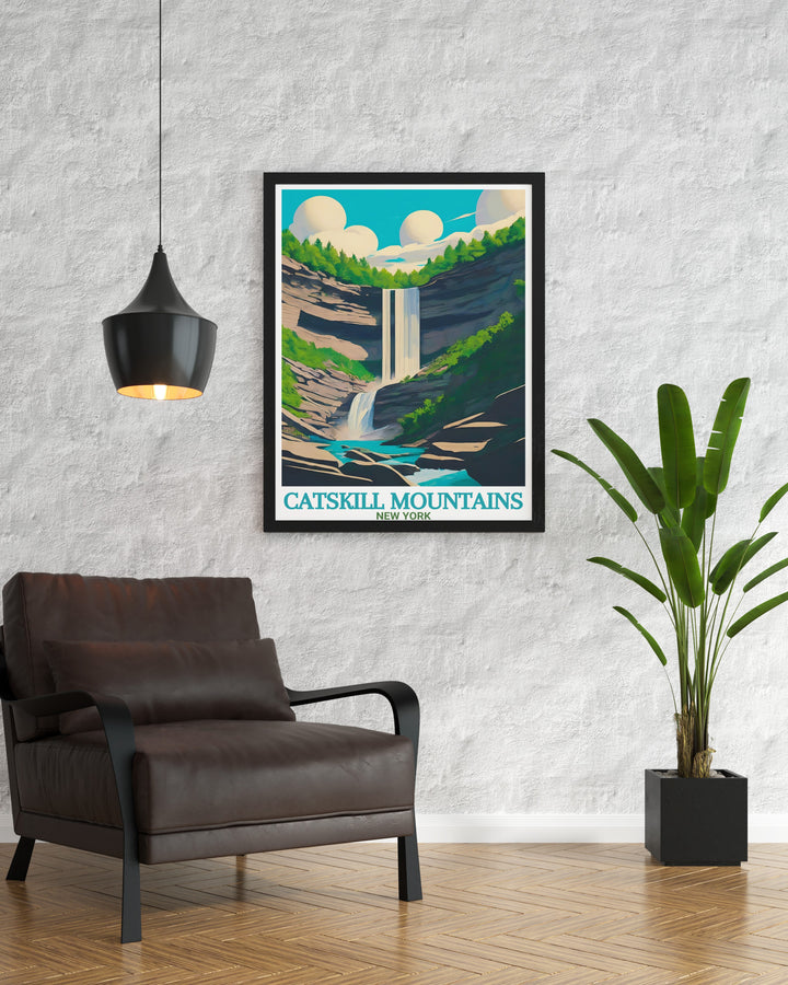 Kaaterskill Falls framed prints bring the stunning landscapes of New York State into your home. These Catskill Mountains travel posters are ideal for adding elegance and a nature inspired touch to your living room or office decor.