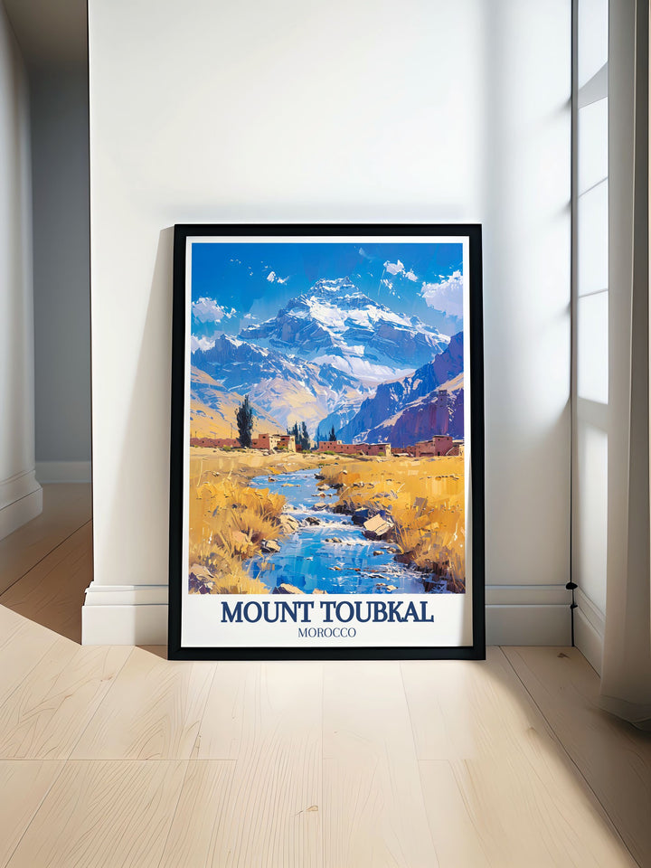 High Atlas mountains travel poster showcasing the vibrant landscapes of Morocco with detailed illustrations of Mount Toubkal and lush valleys perfect for adding adventure and beauty to your home decor.