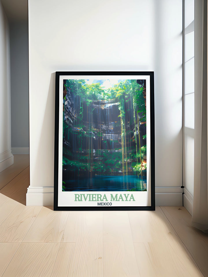 Cenote Ik Kil travel poster featuring the crystal clear waters and lush surroundings of Riviera Maya Mexico perfect for beach decor and tropical art enthusiasts. Ideal Mexico gift and home living decor showcasing the natural beauty of Cenote Ik Kil with vibrant colors.