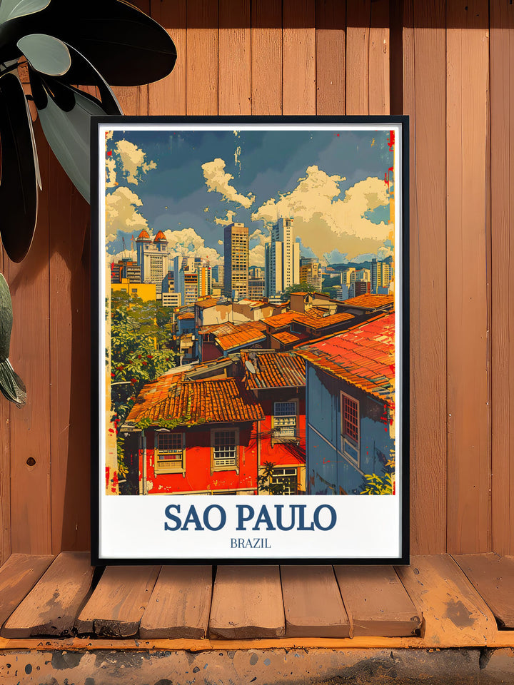 Sao Paulo travel poster highlighting the vibrant energy and architectural diversity of the citys skyline, perfect for those who appreciate urban landscapes and cultural richness.