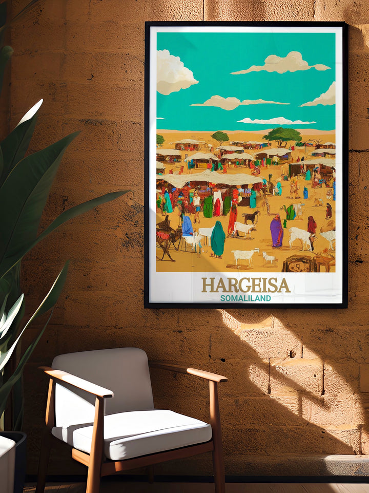 Our Livestock Market print offers a detailed view of one of Somalilands most important cultural landmarks. With its vivid color palette and dynamic composition, this travel poster is perfect for lovers of African art and history.