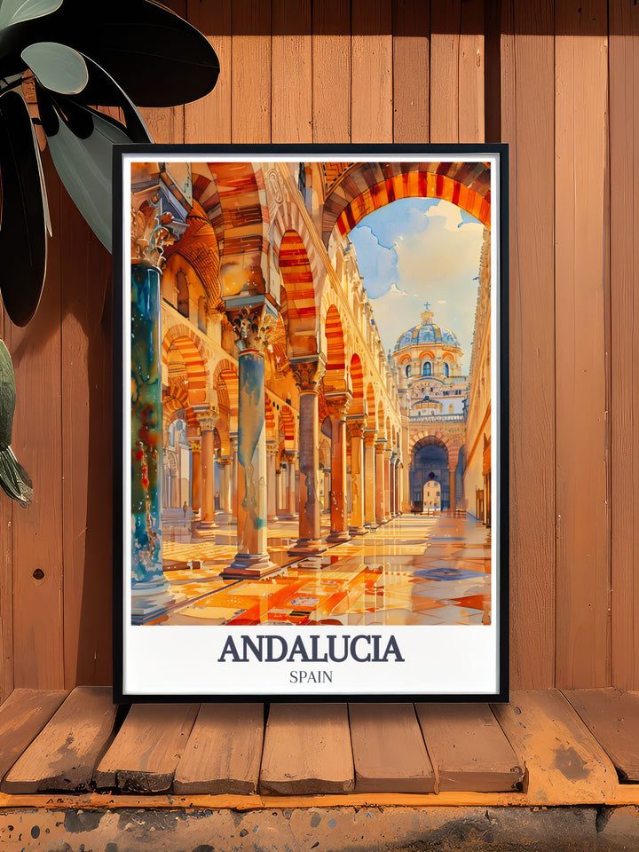 This poster features the beautiful Mezquita Catedral with its stunning blend of Islamic and Christian elements, alongside the Torre del Alminar, capturing the essence of Spanish heritage.