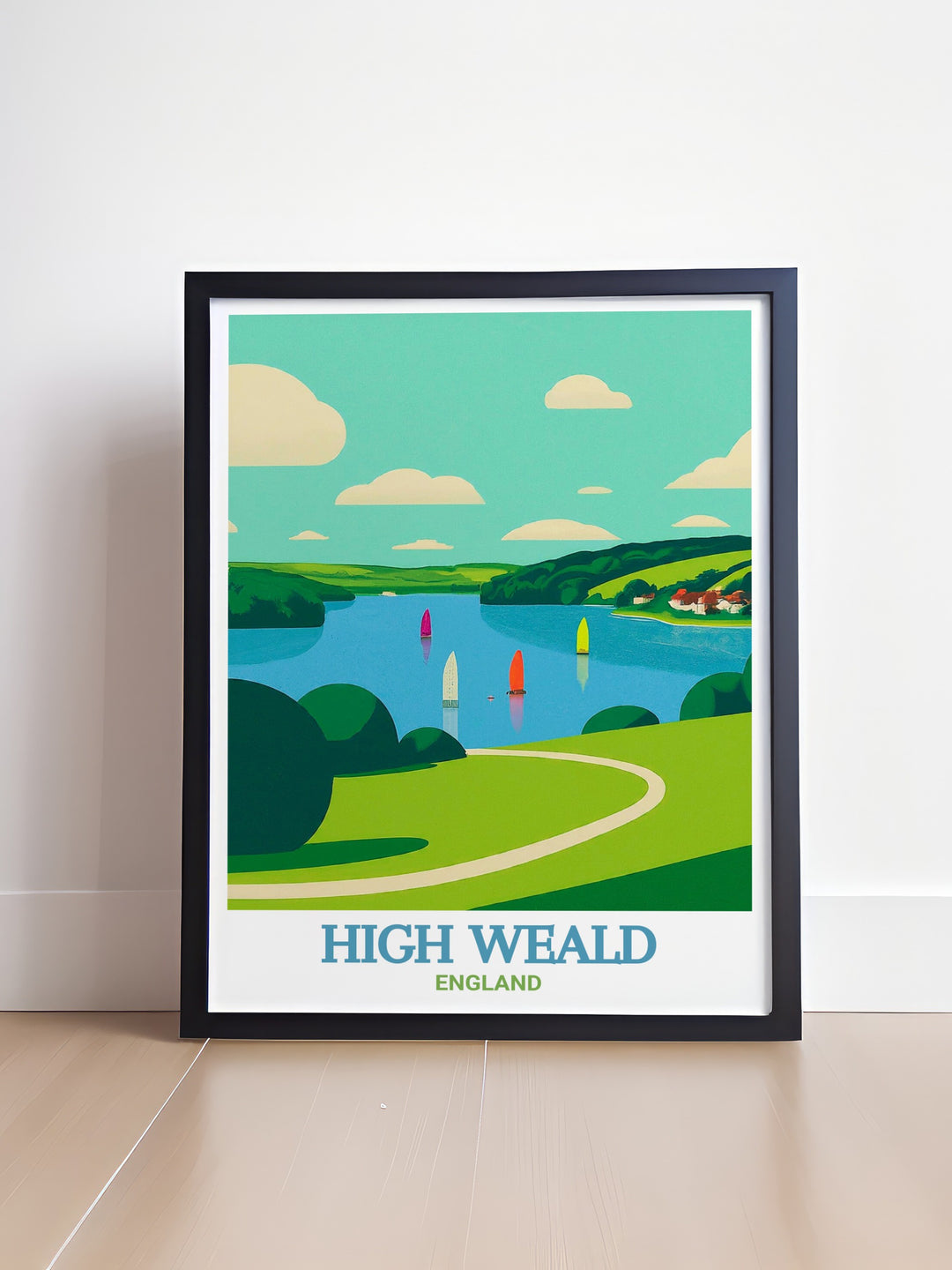 Bewl Water and High Weald AONB poster featuring the lush landscapes of Kent and Sussex bringing the charm of the British countryside into your home through stunning retro artwork perfect for collectors of national park posters and travel prints.