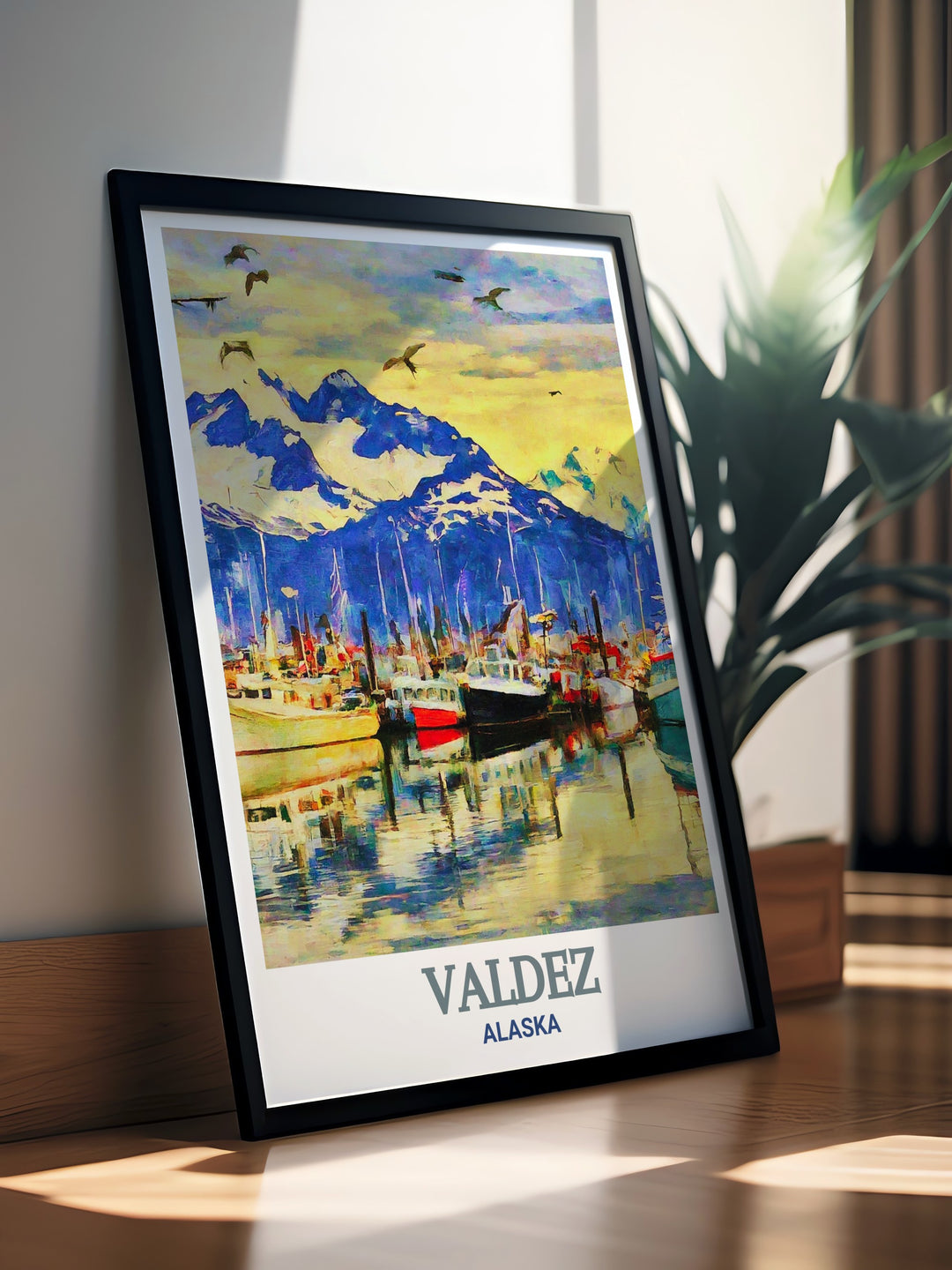 Discover the tranquility of Alaskas Valdez Harbor in this stunning travel print. The artwork highlights the quiet reflections on the harbors waters, surrounded by majestic mountains, perfect for adding a touch of serene beauty to any living space.