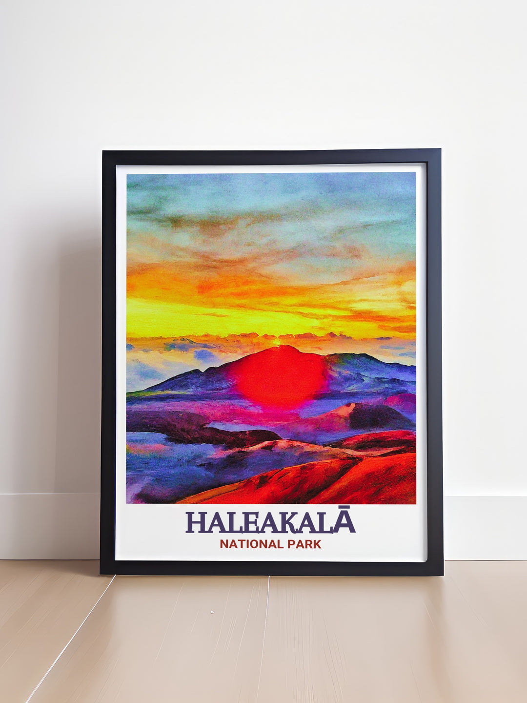 Haleakalā National Park poster featuring the vibrant and serene scenes of sunrise and sunset at the summit. This print brings the parks stunning vistas into your home, making it a great addition to any decor.