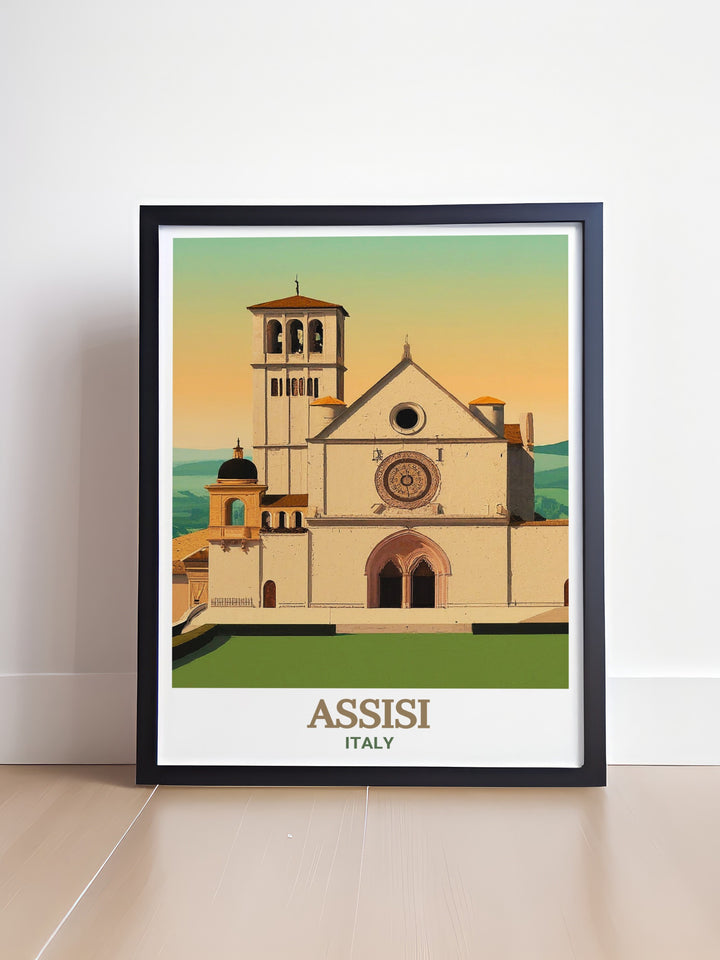 Stunning Assisi artwork portraying the Basilica of Saint Francis of Assisi. This Italy travel poster offers a glimpse into the rich history and serene beauty of Assisi, making it an ideal piece for those who appreciate Italian art and culture