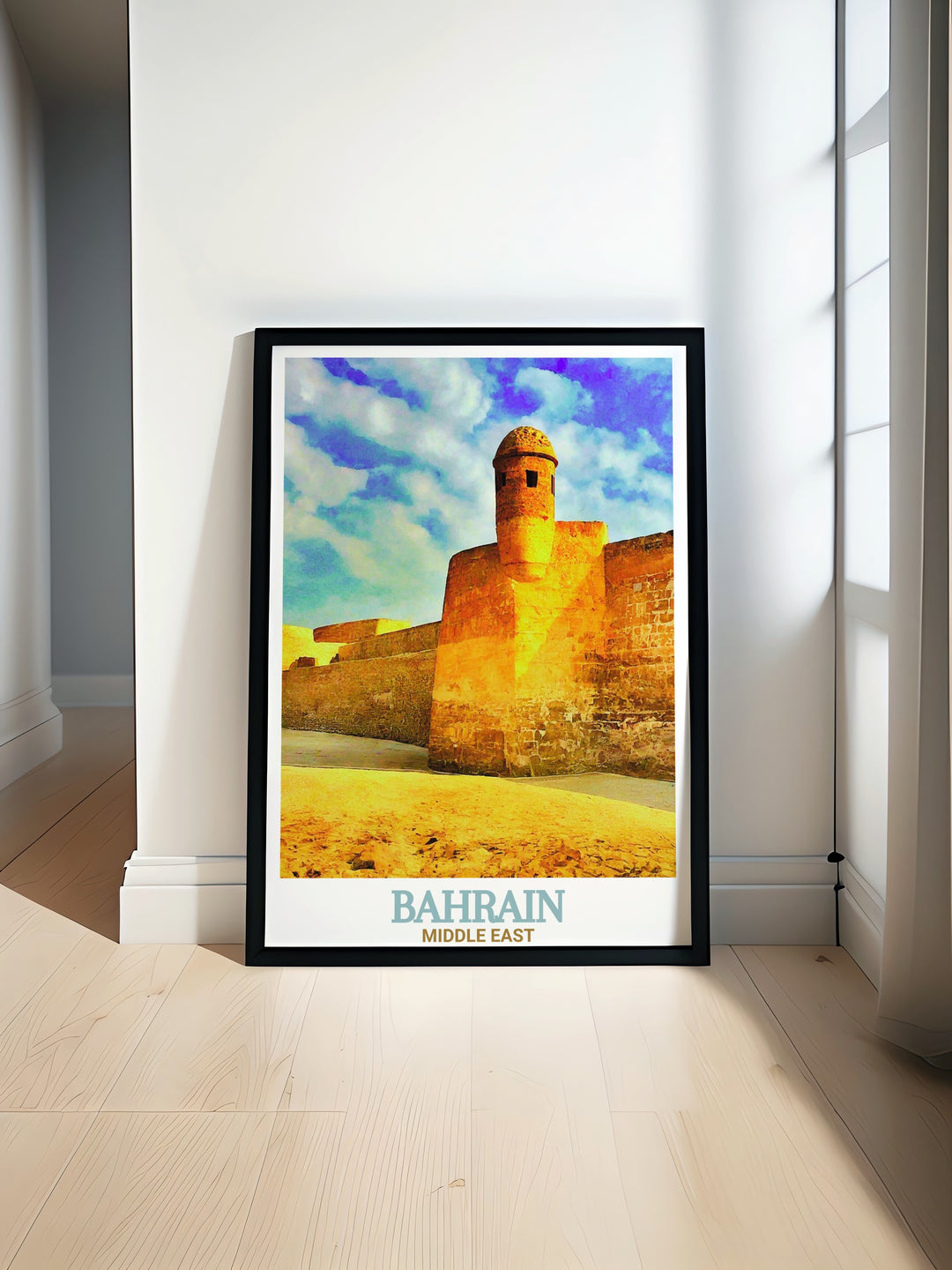 Bahrain Print featuring Bahrain Fort in vibrant colors perfect for wall decor or a travel souvenir bringing the beauty and heritage of Bahrain into your home with stunning artwork and meticulous craftsmanship.