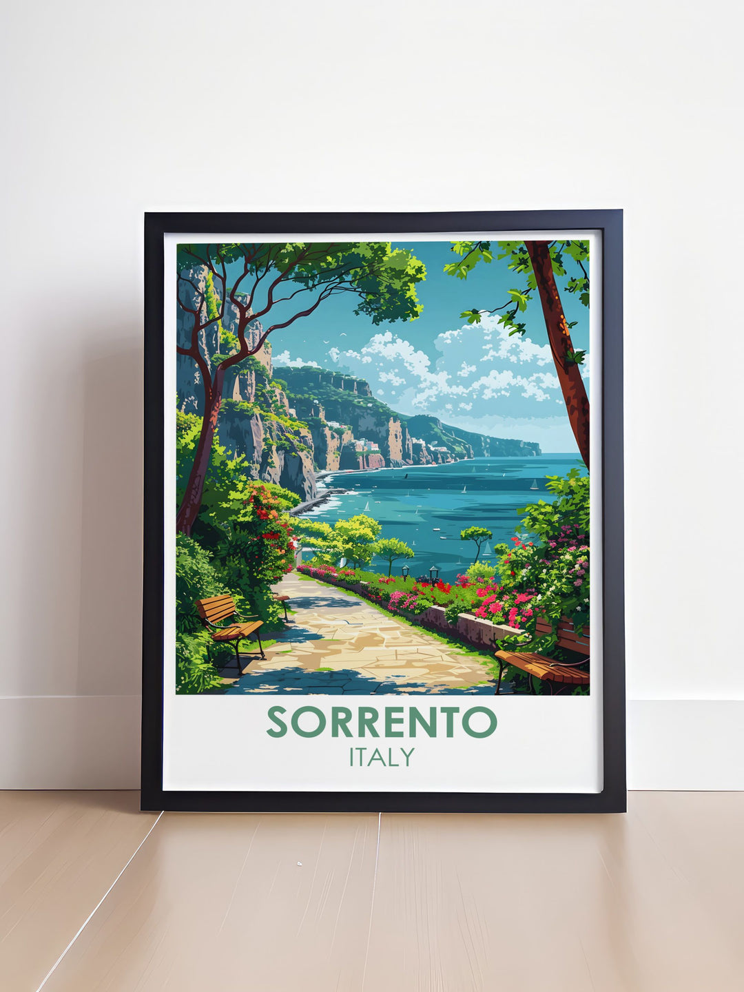Sorrento print highlighting Villa Comunale Park and its stunning views of Mount Vesuvius. Vibrant Sorrento travel poster ideal for anyone who loves Italy and wants to bring a piece of its serene beauty into their home or office decor.
