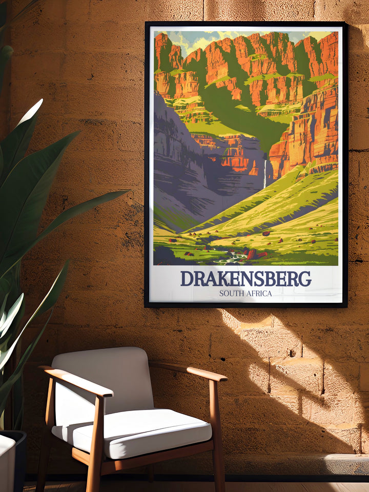 Experience the beauty of South Africas Drakensberg Mountains with this Royal Natal National Park canvas art. Featuring the dramatic landscapes of the Amphitheatre, its a striking addition to any space, offering a reminder of natures grandeur.