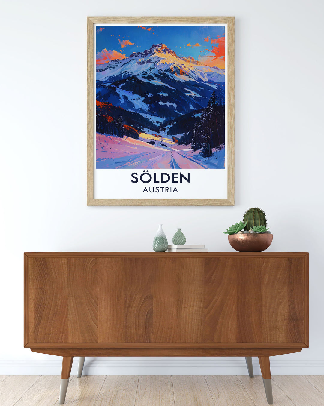 Solden Ski Resort is beautifully illustrated in this poster, highlighting its dynamic slopes and pristine snow, making it an excellent addition for anyone who dreams of an exhilarating winter escape.