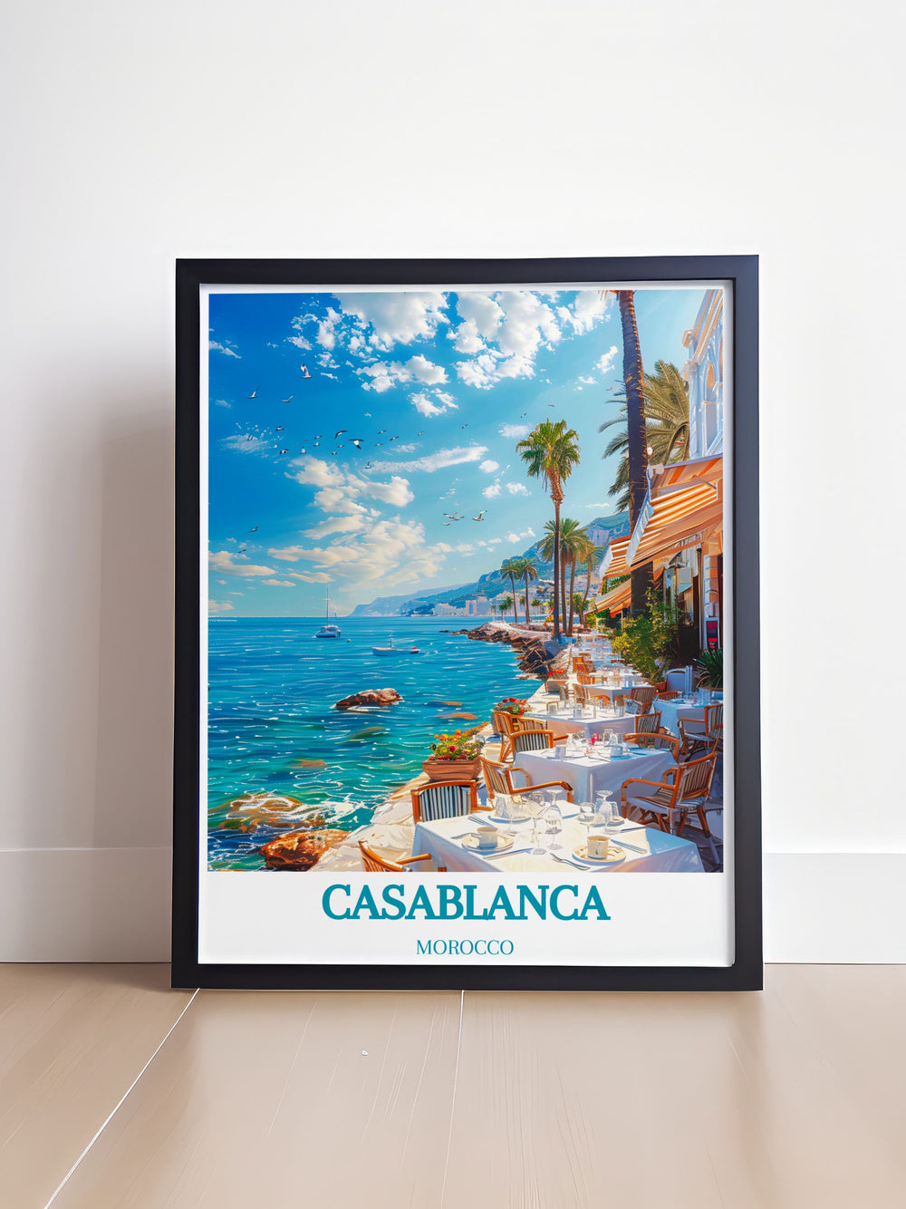 The picturesque scenery of Casablanca with Corniche Ain Diab as a focal point is featured in this vibrant travel poster, perfect for adding Moroccos unique charm to your home.