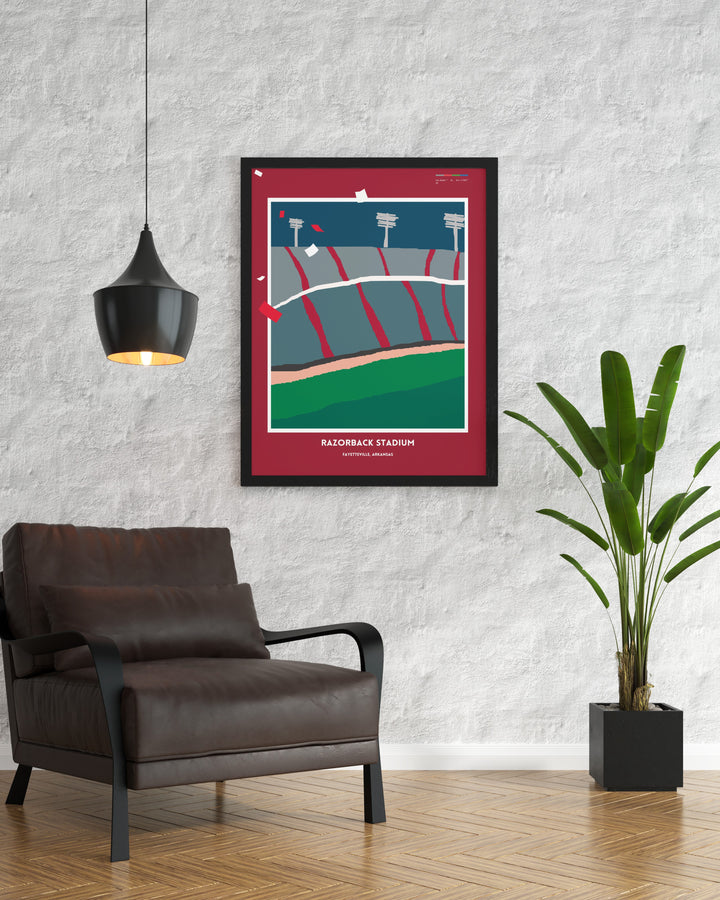 Celebrate your passion for Arkansas football with this Razorbacks art print featuring Razorback Stadium perfect for fans looking to decorate their space with team spirit and a great gift idea for special occasions