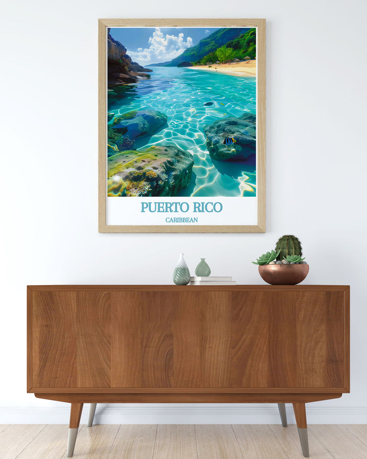 Unique Arecibo wall art featuring the breathtaking CARIBBEAN, Culebra and Vieques Biosphere Reserve. This travel poster print captures the essence of Puerto Ricos natural landscapes, making it a perfect addition to any art collection or as a special gift.