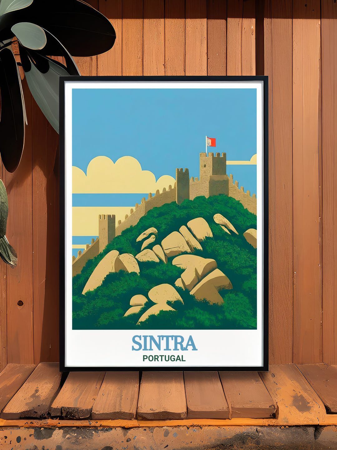 Featuring the famous Moorish Castle in Sintra, this Portugal travel poster is a must have for anyone who appreciates the countrys history and beauty. The detailed artwork and vivid colors capture the essence of Sintra, making it a captivating piece for your wall.