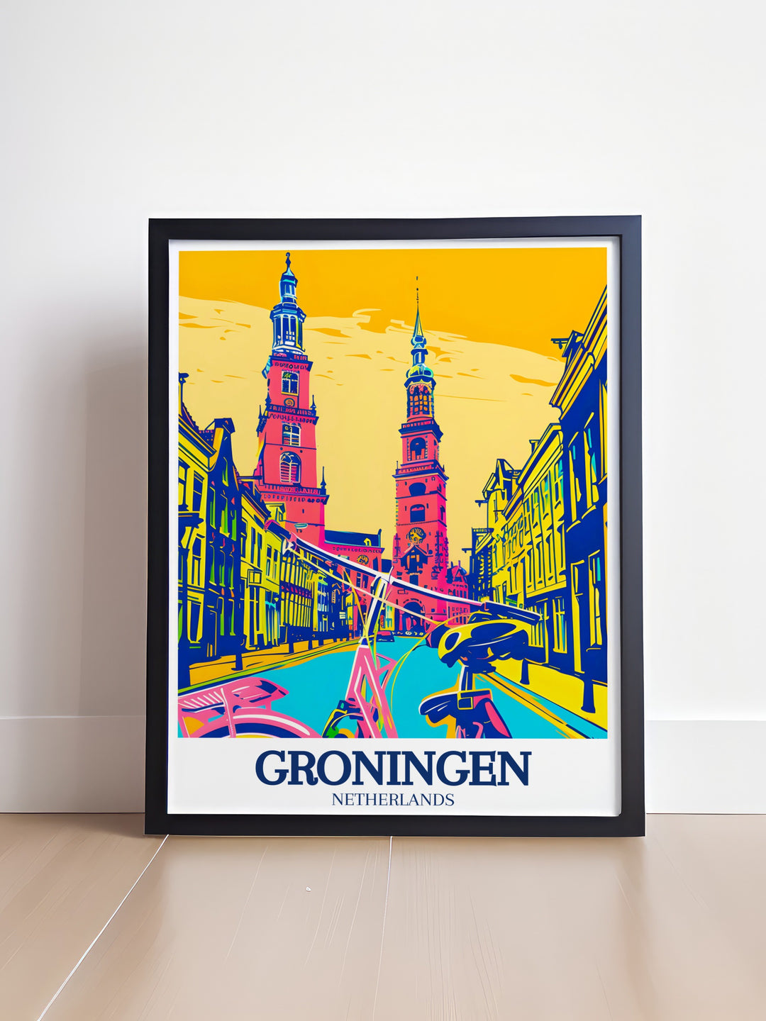 Experience the beauty of Groningen with this travel poster capturing the essence of the citys iconic Martini Tower, Aa Church, and University of Groningen. The detailed depiction of Groningens landmarks makes this artwork a standout piece, perfect for adding a touch of European charm to your decor.