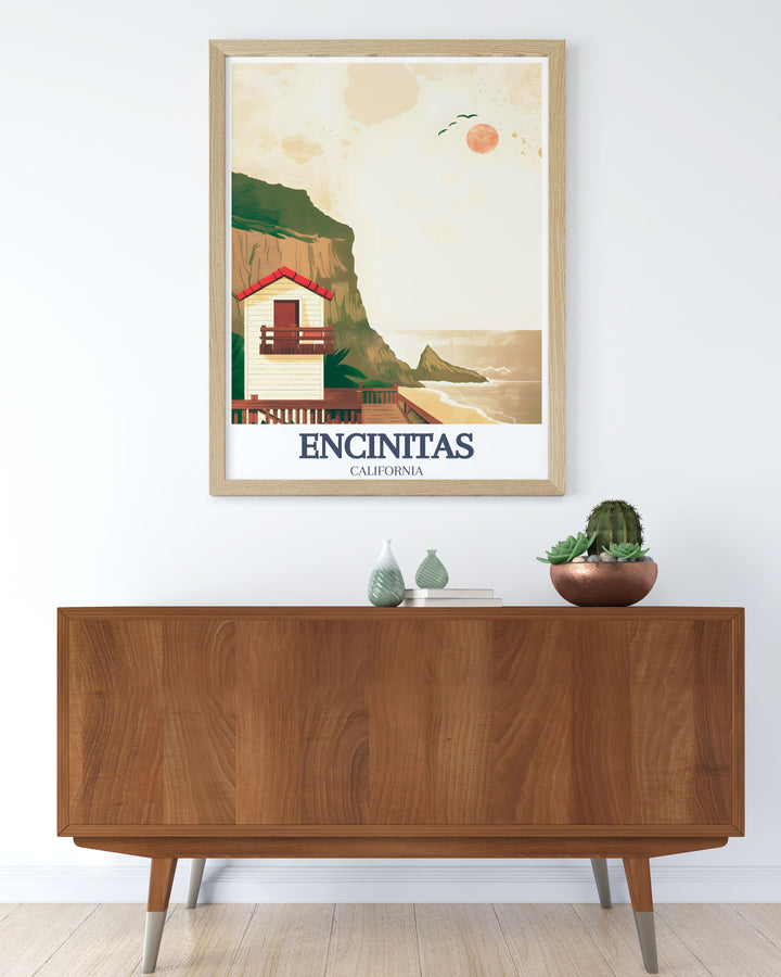 Travel poster print of Moonlight Beach, Swamis Surf Spot highlighting the vibrant scenes and serene beauty of these iconic Encinitas locations perfect for personalized gifts and unique home decor