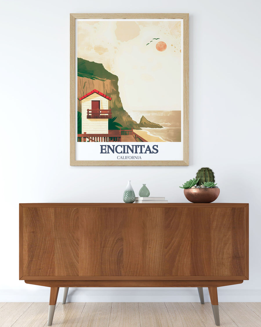 Travel poster print of Moonlight Beach, Swamis Surf Spot highlighting the vibrant scenes and serene beauty of these iconic Encinitas locations perfect for personalized gifts and unique home decor