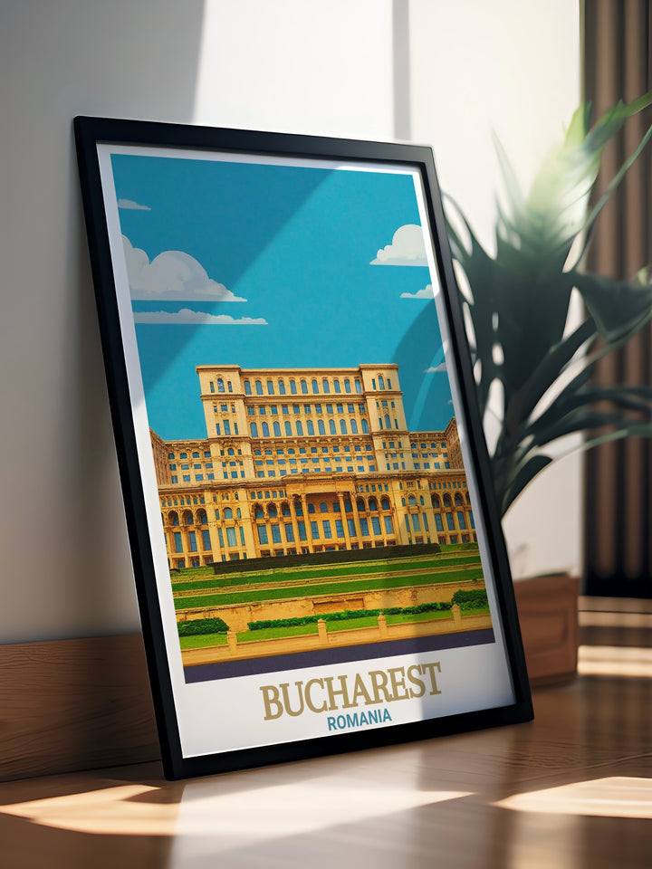 The Romania map and Bucharest skyline come together in this stunning travel poster, showcasing the beauty of the countrys capital. This canvas art brings Romanias history and modern urban landscape to life, perfect for travelers and lovers of European architecture.