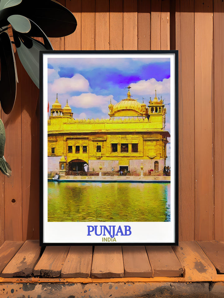 Capture the golden glow of the Harmandir Sahib, Punjabs spiritual heart, with this stunning travel poster. Perfect as a wall art addition or a unique gift for someone who loves Indian history and culture.