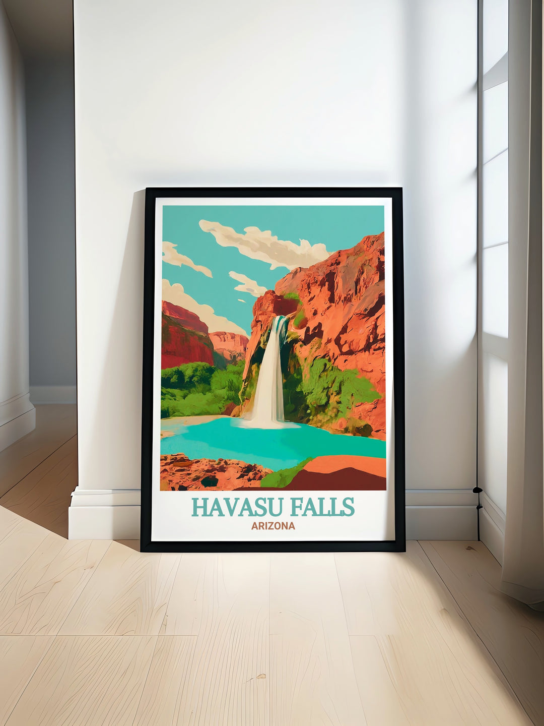 A captivating Arizona travel print that highlights the beauty of Havasu Falls, with its stunning waters and rugged desert surroundings. This artwork is perfect for adding a touch of the American Southwests natural beauty to your decor.