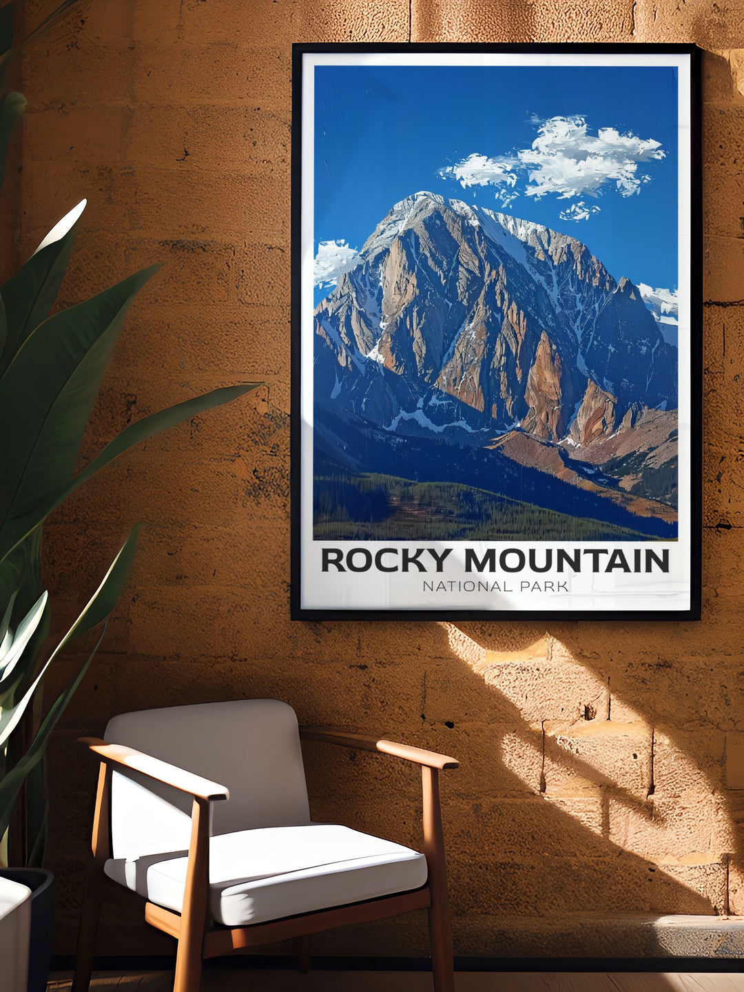 a picture of a rocky mountain hangs on a wall