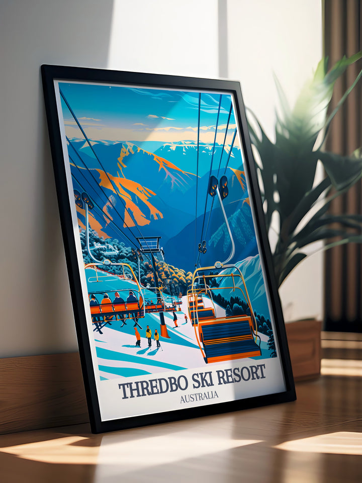 The snowy peaks of the Australian Alps are highlighted in this Thredbo Ski Resort travel print, which features Thredbo Village and the iconic Kosciuszko Express Chairlift. A stunning piece of winter art, ideal for those who love ski resorts and adventure in New South Wales.