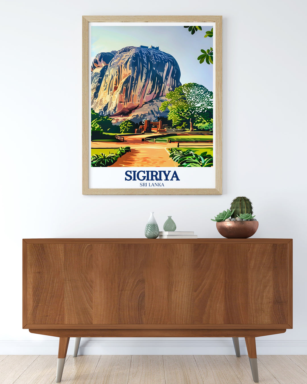 Wall poster of Sigiriya, Sri Lanka, showcasing the grandeur of Lions Rock and the surrounding natural beauty. The print serves as a tribute to Sri Lankas cultural heritage, perfect for adding depth and character to any space.