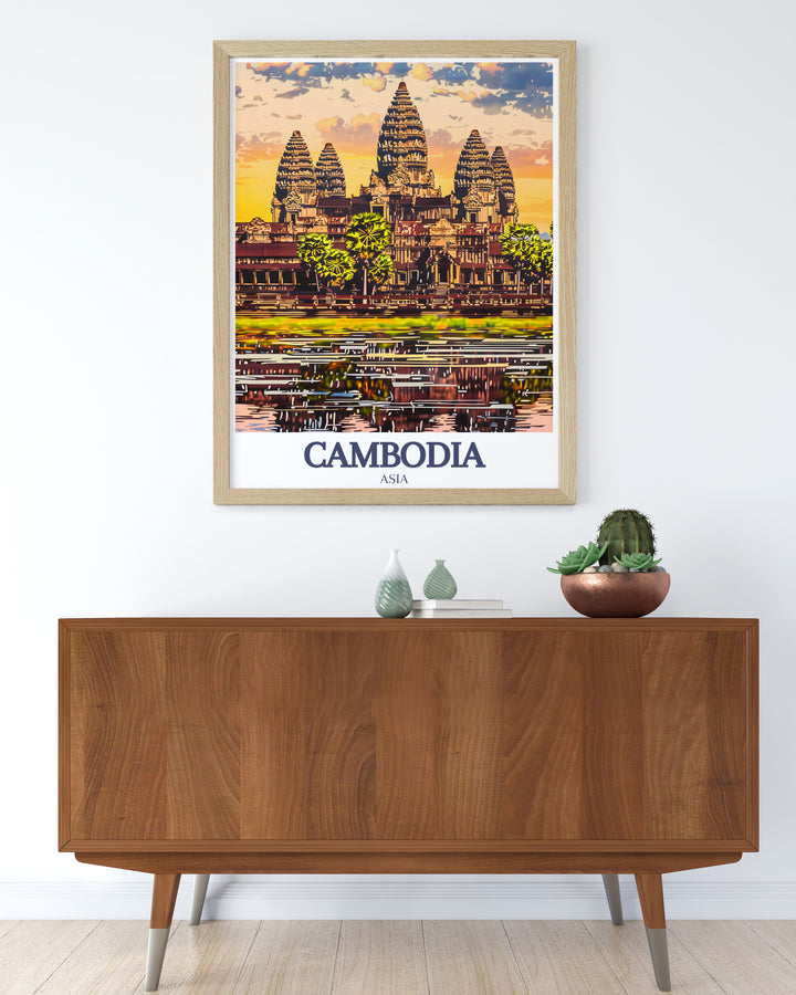 Celebrate the ancient wonders of Cambodia with this Angkor Wat Khmer travel poster. The artwork captures the essence of Siem Reaps famous landmark, making it a perfect addition to any Southeast Asia inspired decor or collection of historical prints.