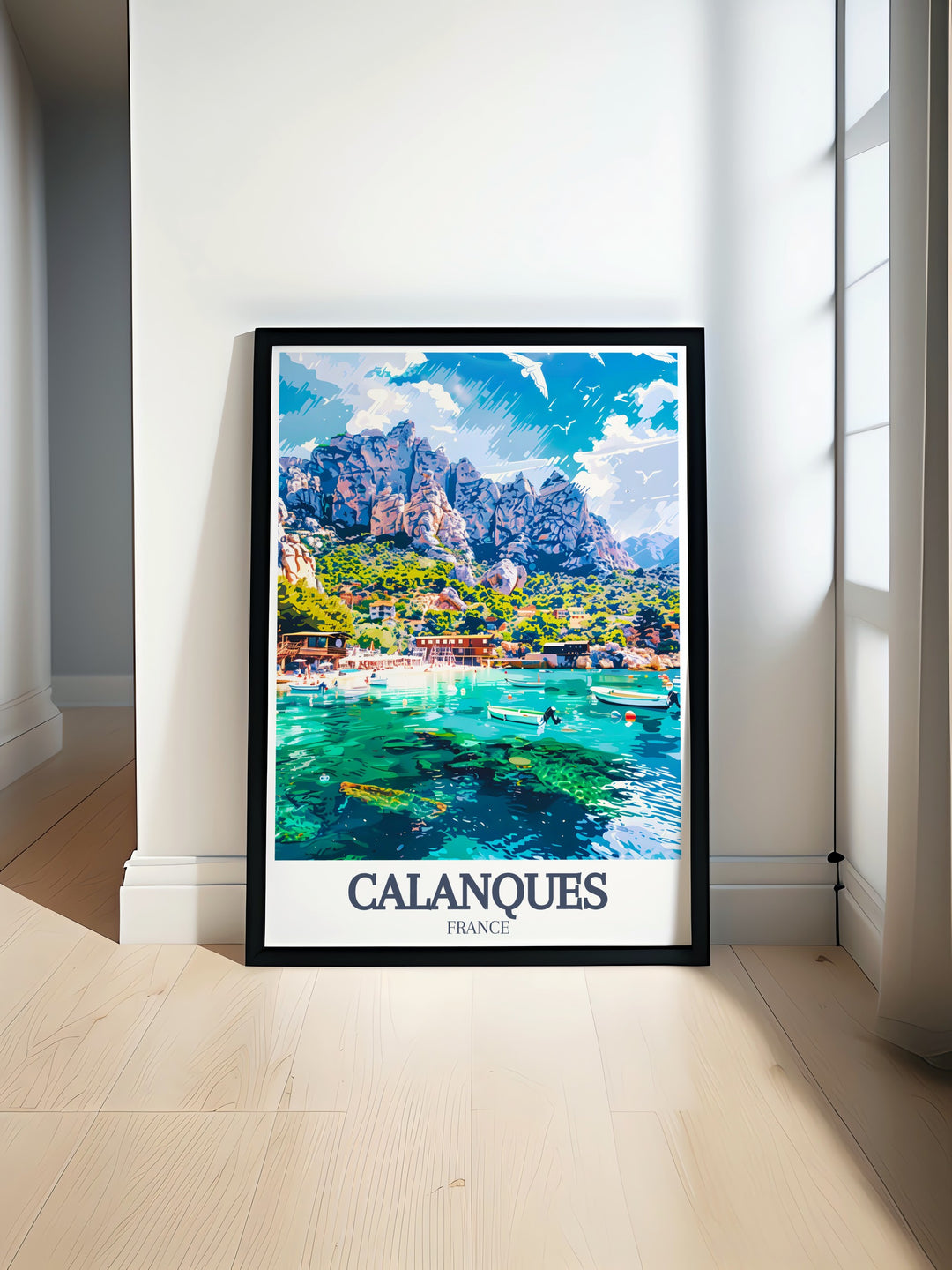 Calanque dEnVau and Calanque de Sormiou modern prints bring the stunning Mediterranean coastline of France into your home perfect for those who love Marseille wall art and want to create a peaceful and elegant atmosphere with Mediterranean decor.