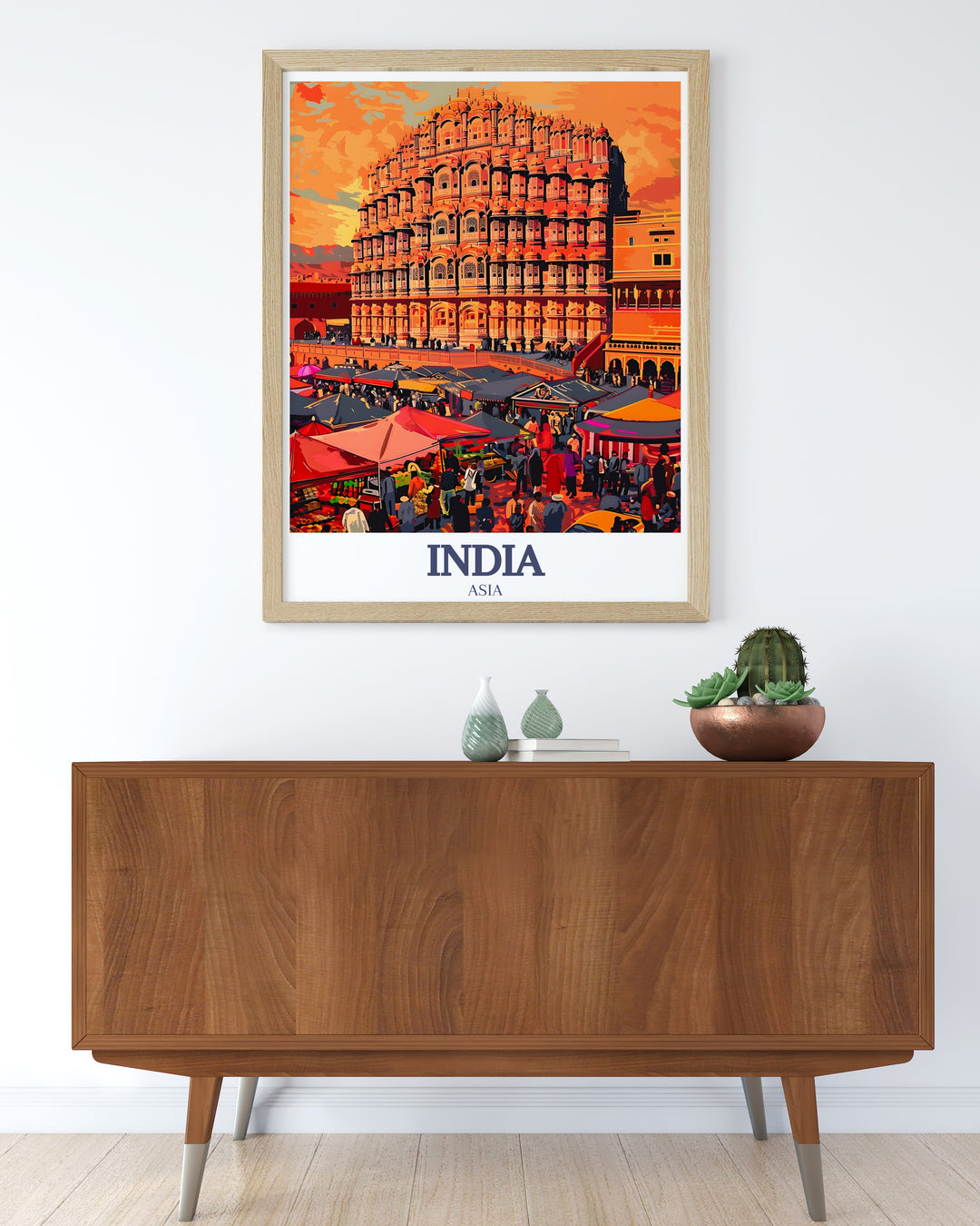 A stunning Taj Mahal travel print showcasing the elegance of Indias most iconic monument. This vintage style poster also features Hawa Mahal, capturing the cultural richness of Rajasthan. Perfect for adding a touch of history and beauty to any room.