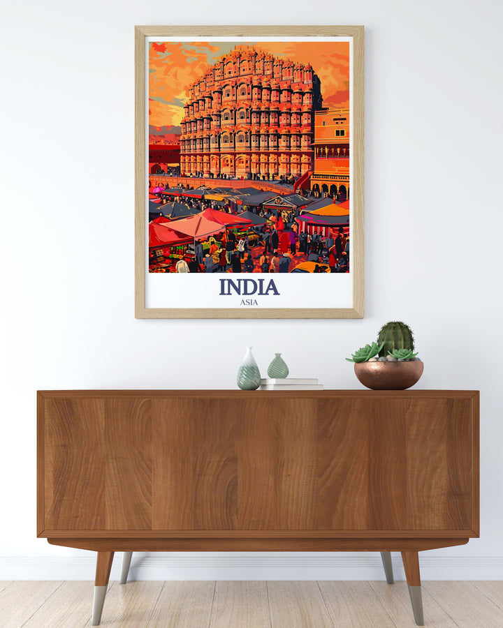 A stunning Taj Mahal travel print showcasing the elegance of Indias most iconic monument. This vintage style poster also features Hawa Mahal, capturing the cultural richness of Rajasthan. Perfect for adding a touch of history and beauty to any room.