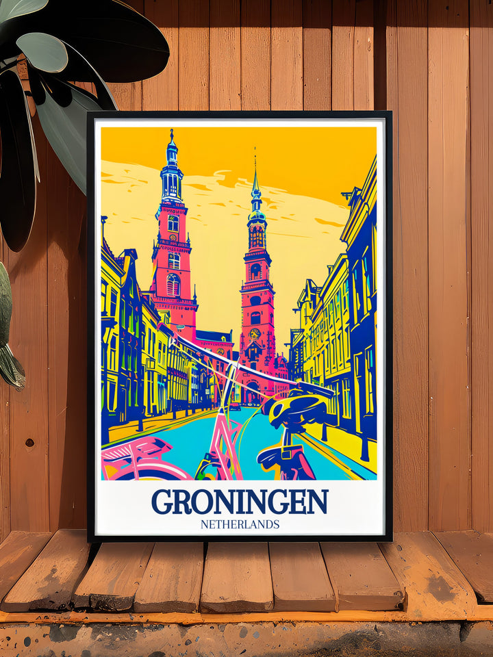 A stunning Groningen poster featuring the Martini Tower, Aa Church, and University of Groningen, bringing the rich cultural heritage of the Netherlands into your home. The detailed artwork is perfect for creating a focal point in any room, celebrating the charm of Dutch cities.