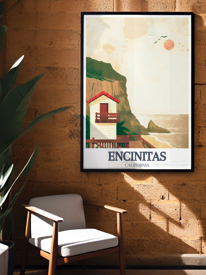 Personalized gift featuring a travel poster print of Moonlight Beach, Swamis Surf Spot perfect for beach lovers and art enthusiasts this Encinitas skyline poster is a meaningful addition to any collection
