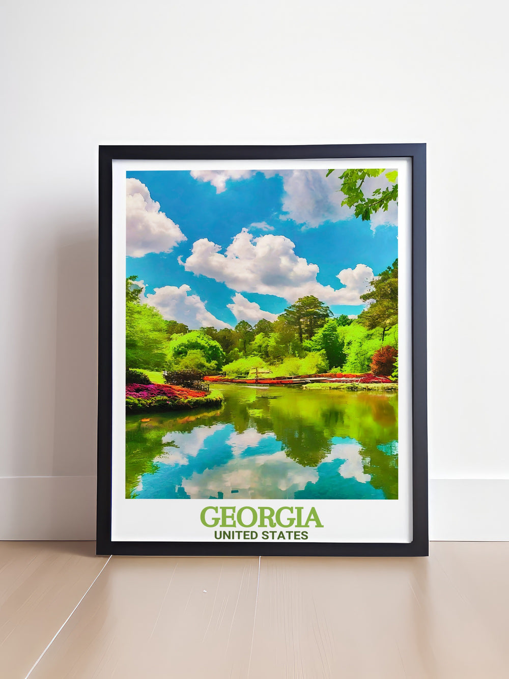 Atlanta travel print featuring the iconic skyline alongside the lush greenery of Callaway Gardens. This Georgia wall art is perfect for those who love both urban and natural settings, offering a glimpse of the Peach States diverse attractions.