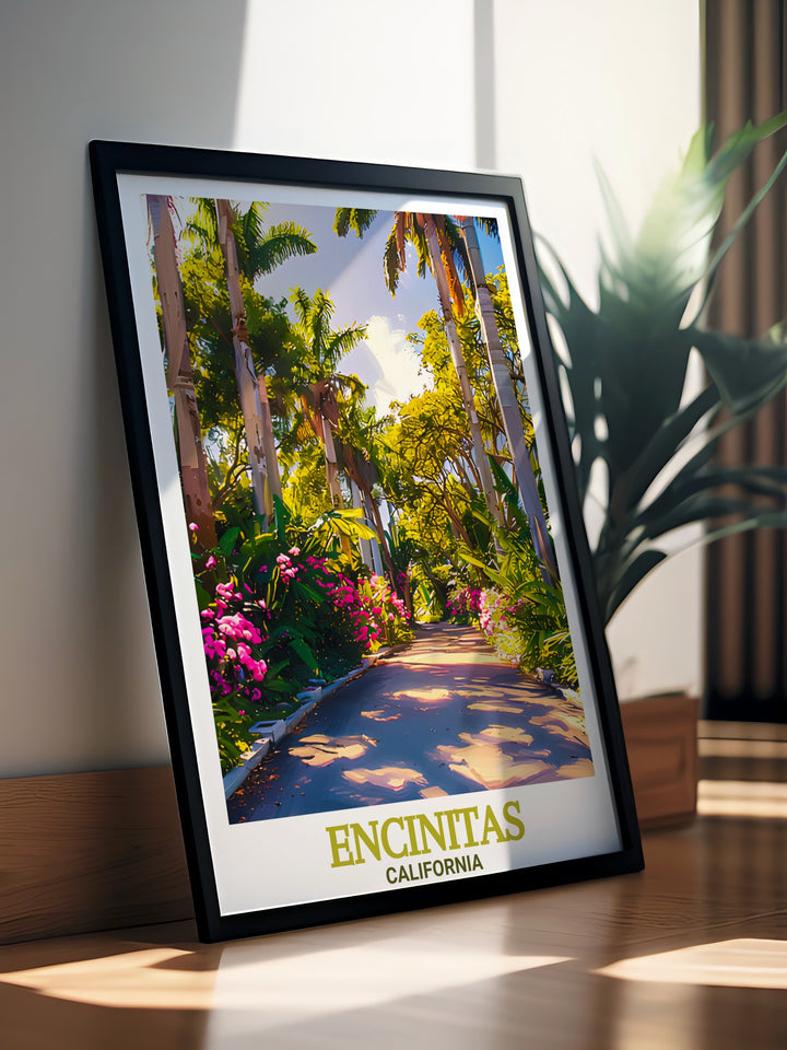 Encinitas wall art captures the peaceful and vibrant energy of Californias coast, with a special focus on the beaches and the San Diego Botanic Garden. This travel poster is an ideal gift for beach lovers or as a colorful addition to your home.