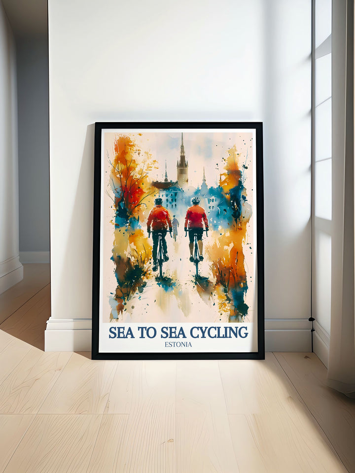 Highlight your love for cycling and history with this Sea to Sea and Tallinn Travel Poster. Featuring the famous C2C route and Estonias medieval Old Town, this print adds a touch of adventure to your home décor.